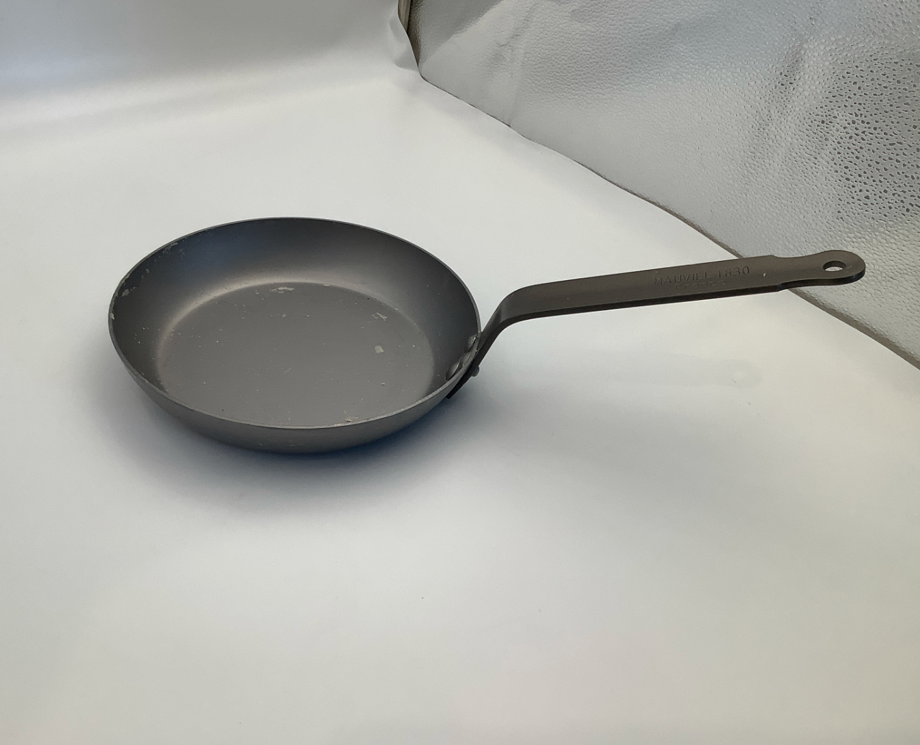 Mauviel M’STEEL Black Carbon Steel Round Frying Pan With Iron Handle, 7.9-in.